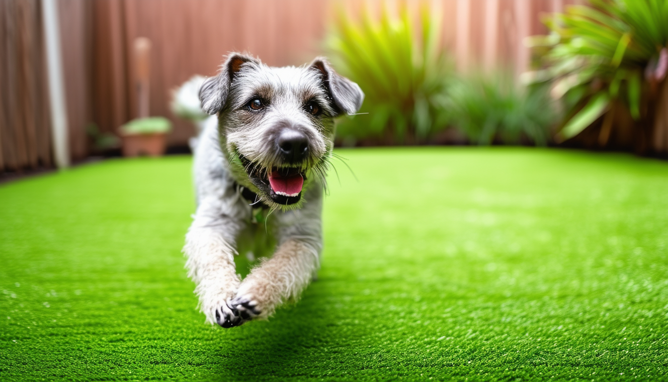 A happy dog playing on a lush, green patch of arti